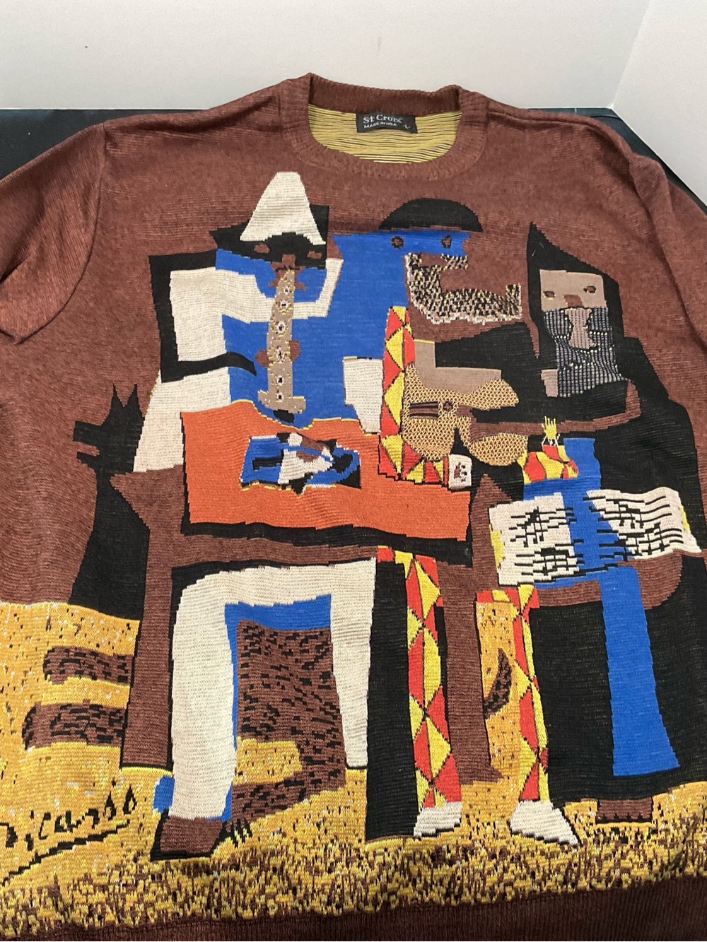 St. Croix Brown “Picasso”limited edition  Sweater with Multicolor Knit Art L
